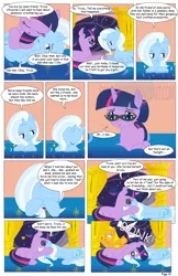 Size: 792x1224 | Tagged: safe, artist:dekomaru, derpibooru import, trixie, twilight sparkle, oc, oc:honey cluster, pegasus, pony, comic:the greatest gift, against glass, anticlimax, bed, behaving like a bird, comic, female, glass, glasses, lesbian, mare, mood whiplash, shipping, twixie