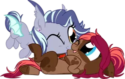 Size: 1024x651 | Tagged: safe, artist:kellythedrawinguni, derpibooru import, oc, oc:rain, oc:ruef, unofficial characters only, bat pony, earth pony, pony, chibi, cute, female, mare, nuzzling, ocbetes, on back, one eye closed, simple background