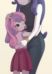 Size: 579x819 | Tagged: safe, artist:agaberu, derpibooru import, rarity, sweetie belle, equestria girls, blushing, boob smothering, bracelet, clothes, cute, diasweetes, duo, female, hairband, hug, jeans, jewelry, one eye closed, pants, shirt, sisters, skirt, sleeveless sweater, smiling, smothering, sweet dreams fuel