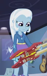 Size: 410x662 | Tagged: safe, derpibooru import, screencap, trixie, equestria girls, guitar centered, rainbow rocks, clothes, electric guitar, guitar, hoodie, jacket, looking down, music notes, skirt, solo