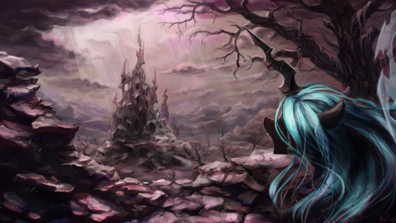 Size: 1762x991 | Tagged: antagonist, artist:inowiseei, changeling, changeling hive, changeling kingdom, changeling lady, changeling queen, crying, derpibooru import, female, former queen chrysalis, genius loci, open mouth, queen chrysalis, rain, sad, safe, scenery, solo, to where and back again, villainess