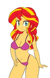 Size: 960x1496 | Tagged: suggestive, artist:hidden-cat, derpibooru import, edit, edited edit, editor:marno, sunset shimmer, equestria girls, belly button, bikini, breasts, busty sunset shimmer, cleavage, clothes, female, inverted mouth, sexy, simple background, solo, solo female, swimsuit, white background