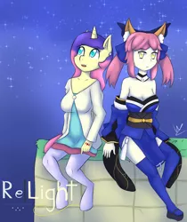 Size: 2988x3560 | Tagged: animal ears, anthro, artist:wolfy-pony, clothes, colored pupils, crossover, derpibooru import, duo, ear piercing, earring, fate/extra, female, human, humanized, humanized oc, jewelry, looking at you, looking up, mare, night, oc, open mouth, piercing, safe, sitting, starry night, stars, tamamo no mae, unguligrade anthro, unofficial characters only