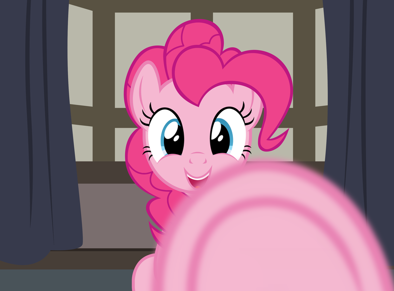 Size: 2772x2048 | Tagged: safe, artist:badumsquish, derpibooru import, pinkie pie, boop, female, grin, happy, hooves, offscreen character, pov, sitting, smiling, solo, this will end in fun, underhoof