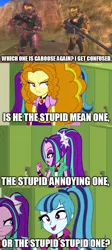 Size: 500x1118 | Tagged: safe, derpibooru import, edit, edited screencap, screencap, adagio dazzle, aria blaze, sonata dusk, equestria girls, rainbow rocks, grif, imgflip, meme, michael j caboose, private franklin delano donut, red vs blue, rvb, simmons, the dazzlings