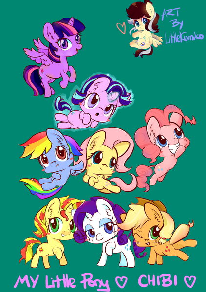 Size: 1748x2480 | Tagged: safe, artist:kumikoponylk, derpibooru import, applejack, fluttershy, pinkie pie, rainbow dash, rarity, starlight glimmer, sunset shimmer, twilight sparkle, twilight sparkle (alicorn), alicorn, earth pony, pegasus, pony, unicorn, chibi, mane six