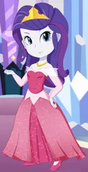 Size: 800x1557 | Tagged: safe, artist:unicornsmile, derpibooru import, rarity, equestria girls, clothes, crossover, crown, disney, dress, jewelry, looking at you, princess aurora, red dress, regalia, sleeping beauty, smiling, solo