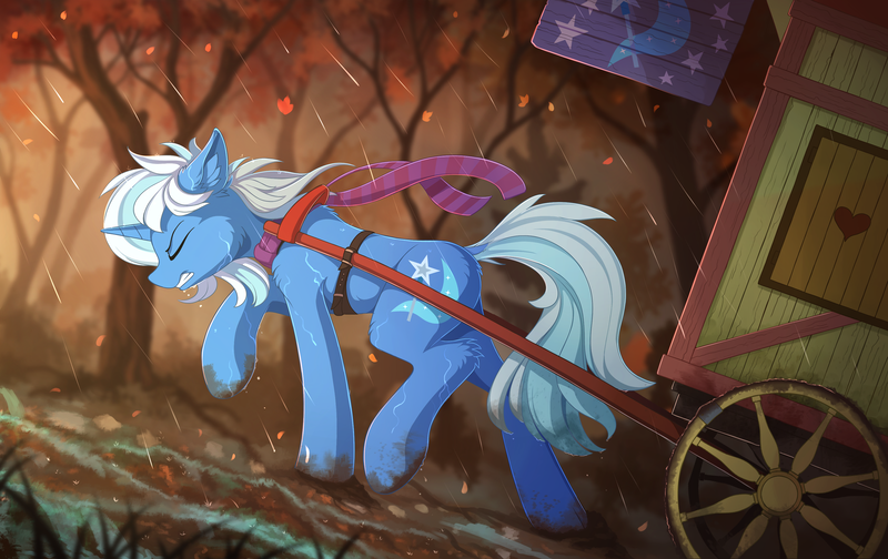 Size: 2300x1450 | Tagged: safe, artist:yakovlev-vad, derpibooru import, trixie, pony, unicorn, caravan, cart, clothes, dock, ear fluff, eyes closed, female, gritted teeth, harness, mare, mud, pulling, rain, raised hoof, scarf, solo, tack, trixie's wagon, wagon