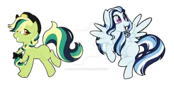 Size: 1024x512 | Tagged: safe, artist:azure-art-wave, derpibooru import, oc, unofficial characters only, earth pony, pegasus, pony, female, magical lesbian spawn, mare, offspring, parent:applejack, parent:coloratura, parent:wind waker, parents:rarajack, simple background, transparent background, watermark