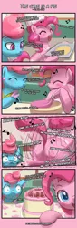 Size: 500x1475 | Tagged: suggestive, artist:lumineko, derpibooru import, cup cake, pinkie pie, pony, 4koma, balloonbutt, cake, comic, cooking by the book, dialogue, food, fourth wall, lazytown, lil jon, looking at you, open mouth, pinkie being pinkie, pinkie physics, plot, shrunken pupils, song reference, twerking, vulgar, wide eyes