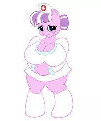 Size: 1000x1200 | Tagged: suggestive, artist:speedway-king, derpibooru import, nurse sweetheart, anthro, earth pony, unguligrade anthro, arm hooves, big breasts, blushing, breasts, busty nurse sweetheart, chubby, clothes, female, freckles, huge breasts, mare, simple background, socks, solo, solo female, white background