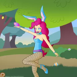 Size: 1600x1600 | Tagged: artist:mechanized515, bracelet, bunny ears, bunny suit, clothes, derpibooru import, easter, easter bunny, easter egg, fishnets, high heels, human, humanized, jewelry, patreon, patreon logo, pinkie pie, raised leg, solo, suggestive, tree