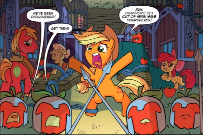 Size: 670x447 | Tagged: safe, artist:tonyfleecs, derpibooru import, idw, apple bloom, applejack, big macintosh, granny smith, mustachioed apple, spike, dragon, earth pony, pony, night of the living apples, spoiler:comic, spoiler:comic32, apple, apple family, barn, cage, chains, cropped, female, filly, foal, food, helmet, living apple, male, mare, official comic, spear, speech bubble, stallion, weapon