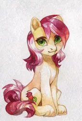Size: 979x1443 | Tagged: safe, artist:share dast, derpibooru import, roseluck, earth pony, pony, blushing, bust, cute, female, looking at you, mare, portrait, simple background, sitting, solo, traditional art, unshorn fetlocks, watercolor painting, white background