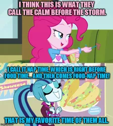 Size: 500x557 | Tagged: safe, derpibooru import, edit, edited screencap, screencap, pinkie pie, sonata dusk, equestria girls, rainbow rocks, bracelet, couch, eyes closed, food, imgflip, jewelry, lidded eyes, meme, michael j caboose, milkshake, private franklin delano donut, red vs blue, rvb, spikes, straw, taco