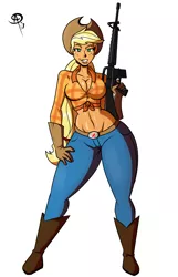 Size: 900x1400 | Tagged: applejack, ar15, artist:chillguydraws, assault rifle, belly button, clothes, derpibooru import, front knot midriff, gloves, grin, gun, happy because she own a fantastic american-made firearm, human, humanized, m16, m16a1, midriff, no trigger discipline, rifle, simple background, smiling, solo, suggestive, weapon, white background