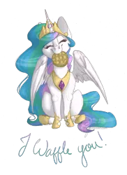 Size: 5100x7014 | Tagged: safe, artist:flita, derpibooru import, princess celestia, alicorn, pony, absurd resolution, cute, cutelestia, eyes closed, female, food, mare, mouth hold, simple background, sitting, smiling, solo, spread wings, transparent background, waffle