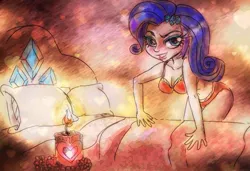 Size: 697x477 | Tagged: artist:modestallion689, bed, bedroom eyes, belly button, bra, breasts, candle, clothes, derpibooru import, human, humanized, lingerie, panties, rarity, red underwear, sexy, solo, suggestive, underwear