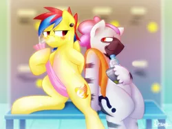 Size: 1600x1200 | Tagged: annoyed, artist:timidwithapen, blushing, bottle, cleaning, derpibooru import, drying, gay, male, oc, oc:blazing hooves, oc:curly heliotrope, safe, smiling, smirk, steamy, sweat, towels, unofficial characters only, zebra