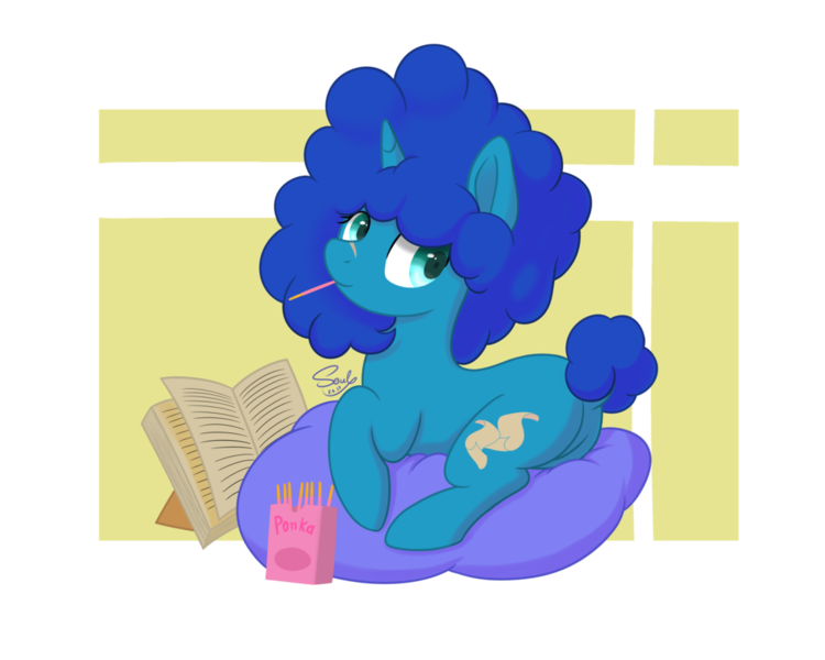 Size: 1024x819 | Tagged: safe, artist:soulfulmirror, derpibooru import, oc, oc:cyanus blues, unofficial characters only, pony, unicorn, book, dock, female, food, mare, mouth hold, pillow, plot, pocky, prone, simple background, solo, transparent background