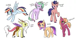 Size: 1763x947 | Tagged: safe, artist:doekitty, derpibooru import, oc, oc:applesweet, oc:flaming emerald, oc:fleeting colors, oc:glisten, oc:midnight flash, oc:serene havoc, unofficial characters only, dracony, earth pony, hybrid, pegasus, pony, female, flying, interspecies offspring, male, mare, next generation, offspring, parent:big macintosh, parent:cheerilee, parent:discord, parent:flash sentry, parent:fluttershy, parent:rainbow dash, parent:rarity, parent:soarin', parent:spike, parent:starlight glimmer, parent:sunburst, parent:twilight sparkle, parents:cheerimac, parents:discoshy, parents:flashlight, parents:soarindash, parents:sparity, parents:starburst, raised hoof, simple background, stallion, white background