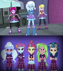 Size: 1280x1434 | Tagged: safe, derpibooru import, fuchsia blush, indigo zap, lavender lace, lemon zest, sour sweet, sugarcoat, sunny flare, trixie, equestria girls, friendship games, rainbow rocks, boots, clothes, crossed arms, crystal prep academy uniform, crystal prep shadowbolts, female, freckles, glasses, goggles, headphones, high heel boots, high heels, jacket, leggings, looking at you, pantyhose, school uniform, shadow five, skirt, trixie and the illusions