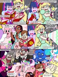 Size: 1500x1980 | Tagged: safe, artist:yogurthfrost, derpibooru import, princess celestia, princess luna, spike, twilight sparkle, big cat, lion, equestria girls, alternate costumes, bracelet, breasts, cleavage, connie maheswaran, crossover, diplight, dipper pines, ford pines, garnet (steven universe), gravity falls, grunkle stan, image, jewelry, jpeg, king river butterfly, mabel pines, spiked wristband, star butterfly, star vs the forces of evil, steven universe, waddles, wristband