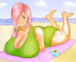 Size: 1136x923 | Tagged: arm under breasts, artist:cabrony, artist:maarthul, barefoot, beach, big breasts, breasts, breasts on floor, busty fluttershy, cleavage, clothes, colored, color edit, derpibooru import, edit, erect nipples, feet, female, fluttershy, huge breasts, human, humanized, looking at you, nipple outline, one-piece swimsuit, on stomach, outdoors, solo, solo female, suggestive, sunscreen, swimsuit