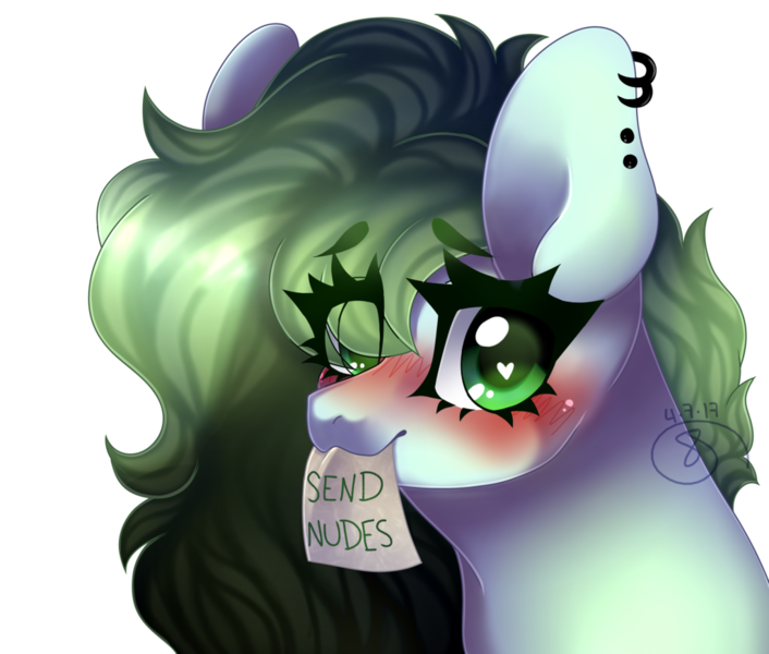 Size: 1024x870 | Tagged: safe, artist:starshame, derpibooru import, oc, unofficial characters only, pony, blushing, dog lip, ear piercing, earring, female, jewelry, looking at you, mare, mouth hold, note, piercing, send nudes, simple background, solo, transparent background, we don't normally wear clothes