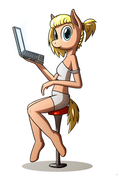 Size: 960x1420 | Tagged: safe, artist:tg-0, derpibooru import, oc, oc:gamble, unofficial characters only, anthro, earth pony, unguligrade anthro, belly button, boyshorts, clothes, computer, female, laptop computer, mare, panties, solo, stool, tanktop, underwear, white underwear