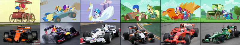 Size: 4210x790 | Tagged: absurd resolution, apple bloom, applejack, bmw, caterham, comparison, derpibooru import, ferrari, force india, formula 1, mclaren, rainbow dash, rarity, red bull, safe, sauber, scootaloo, sweetie belle, the cart before the ponies