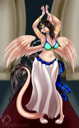 Size: 1189x1920 | Tagged: anthro, armpits, artist:pinktabico, belly dancer, big breasts, bra, breasts, clothes, commission, dancing, derpibooru import, digitigrade anthro, female, looking at you, oc, sexy, solo, solo female, sphinx, sphinx oc, suggestive, underwear, unofficial characters only