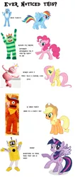 Size: 1032x2424 | Tagged: safe, derpibooru import, applejack, fluttershy, pinkie pie, rainbow dash, twilight sparkle, twilight sparkle (alicorn), alicorn, pony, robot, brobee, comparison, foofa, muno, plex, separated at birth, toodee, yo gabba gabba