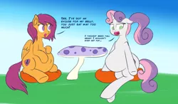 Size: 1024x597 | Tagged: artist:cosmonaut, belly, derpibooru import, dialogue, fat, food baby, older, pregnant, pregnant scootaloo, safe, scootaloo, sweetie belle, sweetie belly, sweetiedumb