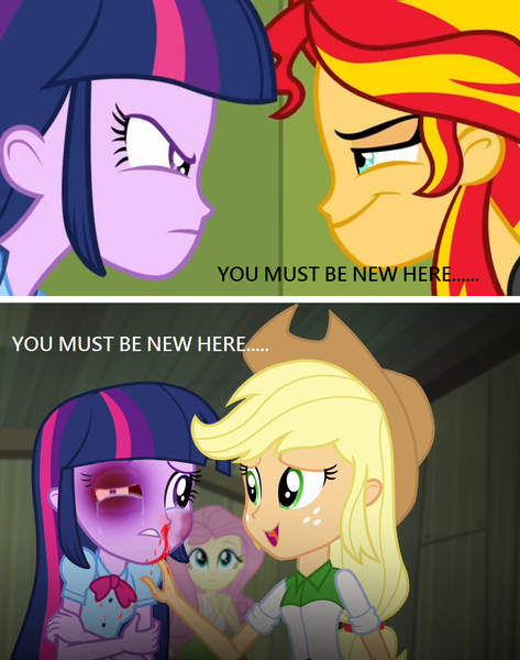 Size: 1012x1284 | Tagged: semi-grimdark, derpibooru import, edit, edited screencap, screencap, applejack, sunset shimmer, twilight sparkle, equestria girls, equestria girls (movie), rainbow rocks, abuse, abuse edit, black eye, blood, crying, eqg abuse edits, female, nosebleed, twilybuse