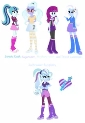 Size: 932x1349 | Tagged: safe, artist:berrypunchrules, derpibooru import, mystery mint, sonata dusk, sugarcoat, trixie, equestria girls, boots, bracelet, clothes, extra legs, firecracker, four arms, fusion, glasses, hands behind back, high heel boots, high heels, jacket, jewelry, multiple arms, multiple legs, multiple limbs, pendant, ponytail, scarf, spikes, third eye, three legged, three legs, tights