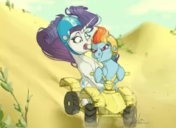 Size: 7014x5100 | Tagged: absurd resolution, artist:flita, atv, commission, derpibooru import, helmet, offroading, rainbow dash, rarity, riding, safe, scared, smiling, smirk, vehicle