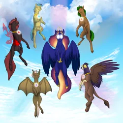 Size: 1024x1024 | Tagged: safe, artist:foxenawolf, derpibooru import, oc, oc:citrine quartz, oc:destined path, oc:forest breeze, oc:glenn, oc:silk touch, oc:watchful eyes, unofficial characters only, alicorn, bat pony, changeling, gryphon, pony, alicorn oc, alternate mane six, elements of harmony