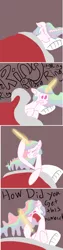 Size: 1608x6424 | Tagged: safe, anonymous artist, derpibooru import, princess celestia, alicorn, pony, 4chan, absurd resolution, angry, awakening, bed, blanket, colored, comic, dark background, detachable horn, drawthread, female, funny, mare, modular, phone, phone call, pillow, prank call, sleeping, solo, wat