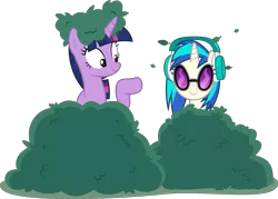 Size: 8959x6400 | Tagged: safe, artist:parclytaxel, derpibooru import, twilight sparkle, twilight sparkle (alicorn), vinyl scratch, alicorn, pony, unicorn, no second prances, .svg available, absurd resolution, bush, bushanka, bushicorn, duo, female, headphones, hide and seek, leaves, mare, pointing, simple background, smiling, transparent background, twilight bushel, vector