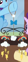 Size: 352x781 | Tagged: safe, derpibooru import, screencap, rainbow dash, starlight glimmer, pony, the crystalling, crib mobile, cropped, hanging, mobile