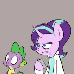 Size: 1500x1500 | Tagged: safe, artist:pandramodo, derpibooru import, spike, starlight glimmer, dragon, pony, unicorn, alcohol, clothes, coat, confused, cosplay, costume, crossover, drunk, drunklight glimmer, duo, female, flask, frown, gray background, lab coat, lidded eyes, liquor, male, mare, morty smith, rick and morty, rick sanchez, salivating, simple background, starlight is not amused, sweat, sweatdrop, unamused, worried, yellow shirt