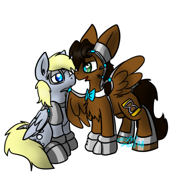 Size: 700x700 | Tagged: safe, artist:usagi-zakura, derpibooru import, derpy hooves, oc, oc:mister clever, cyborg, pegasus, pony, cyberderpy, doctor who, eleventh doctor, female, male, mare, stallion