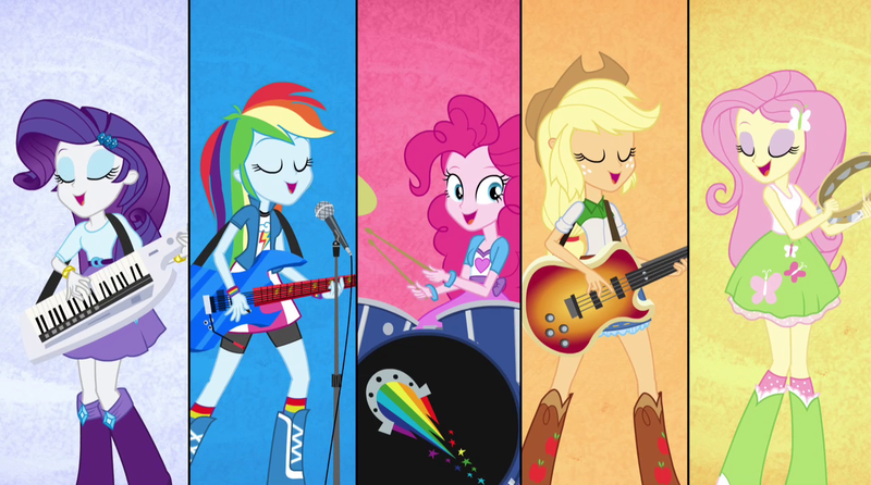 Size: 1280x714 | Tagged: safe, derpibooru import, screencap, applejack, fluttershy, pinkie pie, rainbow dash, rarity, equestria girls, rainbow rocks, bass guitar, better than ever, boots, bracelet, clothes, compression shorts, cowboy boots, cowboy hat, denim skirt, drum kit, drums, electric guitar, eyes closed, freckles, guitar, hat, keytar, logo, microphone, musical instrument, open mouth, playing, singing, skirt, socks, stetson, tambourine, wristband