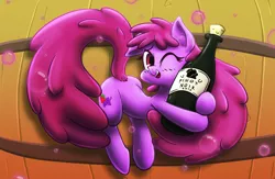 Size: 1788x1165 | Tagged: safe, artist:ikarooz, derpibooru import, berry punch, berryshine, earth pony, pony, alcohol, bottle, female, hug, mare, smiling, solo, wine