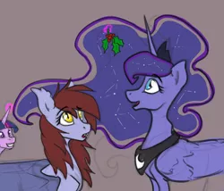Size: 1280x1095 | Tagged: safe, artist:forbidden-solu, derpibooru import, princess luna, oc, oc:fickle dissonance, alicorn, bat pony, pony, :o, colored sketch, eyes on the prize, fangs, female, gray background, grin, holly, holly mistaken for mistletoe, implied canon x oc, implied lesbian, implied shipping, levitation, looking up, magic, mare, open mouth, raised eyebrow, shipper on deck, simple background, smiling, squee, surprised, telekinesis