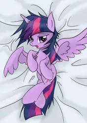 Size: 1240x1748 | Tagged: safe, artist:mrasianhappydude, derpibooru import, twilight sparkle, twilight sparkle (alicorn), alicorn, pony, bed, body pillow, body pillow design, lidded eyes, messy mane, morning ponies, solo, tired