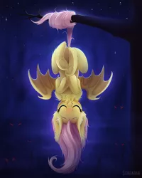 Size: 800x1000 | Tagged: safe, artist:scheadar, derpibooru import, fluttershy, bat pony, pony, blushing, chest fluff, cute, ear fluff, eyes closed, fangs, female, flutterbat, hanging, mare, night, prehensile tail, race swap, shyabates, shyabetes, smiling, solo, spread wings, suspended, tail wrap, tree, tree branch, underhoof, upside down, wings