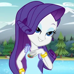 Size: 720x720 | Tagged: safe, derpibooru import, screencap, rarity, equestria girls, legend of everfree, bracelet, camp everfree outfits, cropped, hand on hip, jewelry, lidded eyes, mountain, river, solo, tree