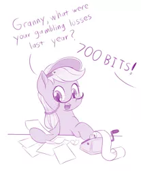 Size: 745x900 | Tagged: safe, artist:dstears, derpibooru import, applejack, earth pony, pony, calculator, dialogue, female, freckles, glasses, hat, hilarious in hindsight, horse taxes, implied granny smith, mare, monochrome, offscreen character, paper, pencil, simple background, simpsons did it, solo, taxes, the simpsons